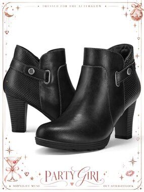 Women's Chunky Stacked Heel Ankle Boots Side Zipper Buckle Strap PU